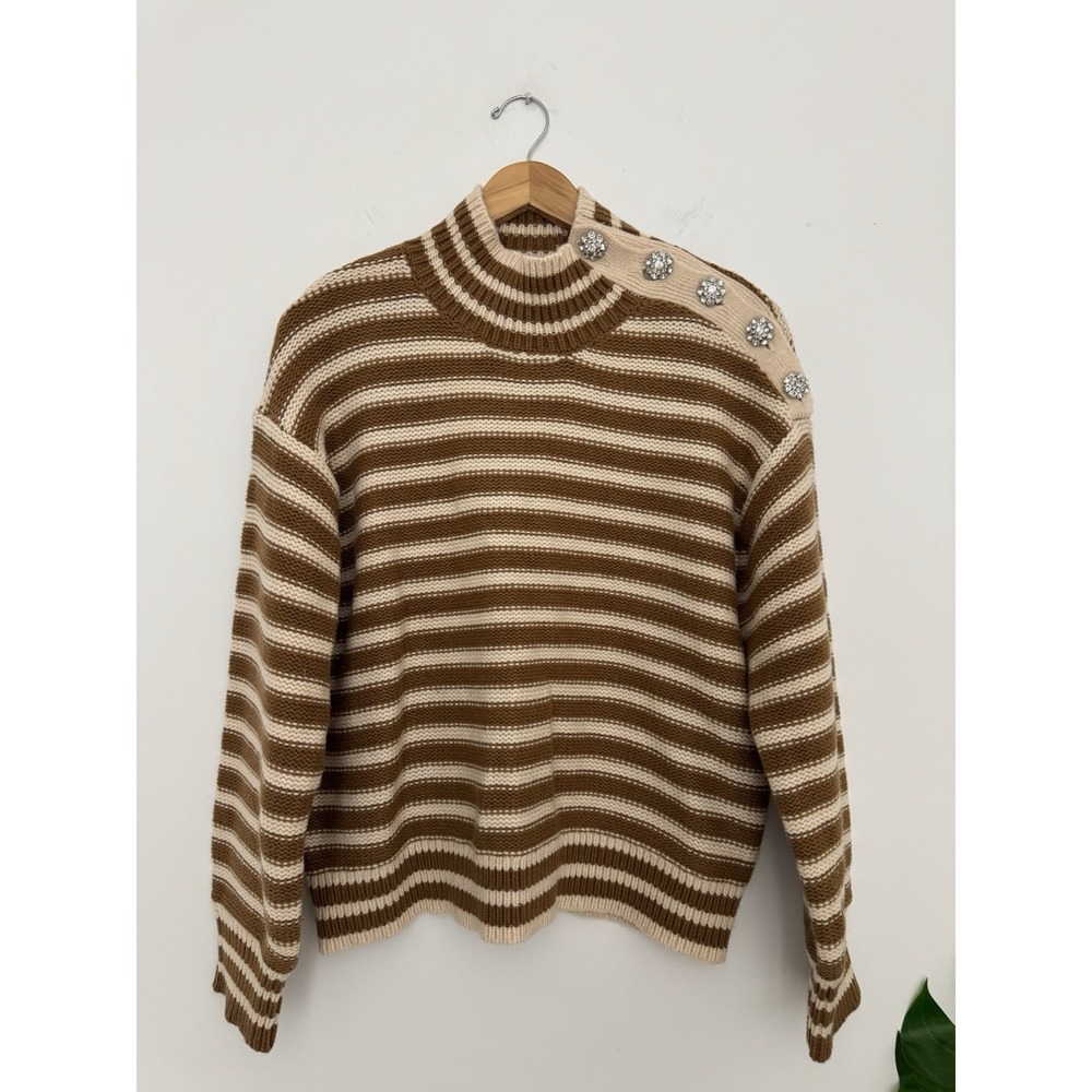 J.CREW CARAMEL NATURAL CABLE KNIT MOCKNECK STRIPE JEWEL BUTTONS SWEATER
